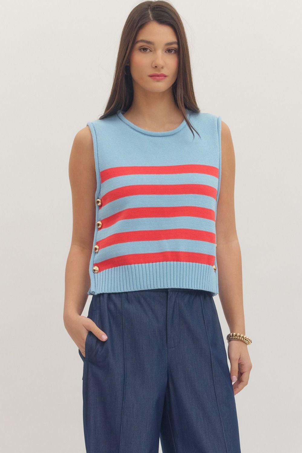 Striped Sleeveless Knit Top-Blue