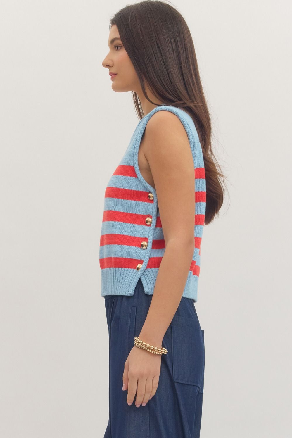 Striped Sleeveless Knit Top-Blue