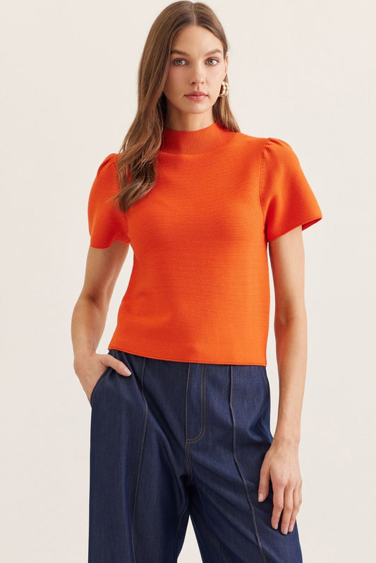 Solid Short Puff Sleeve Mock Neck Knit Top