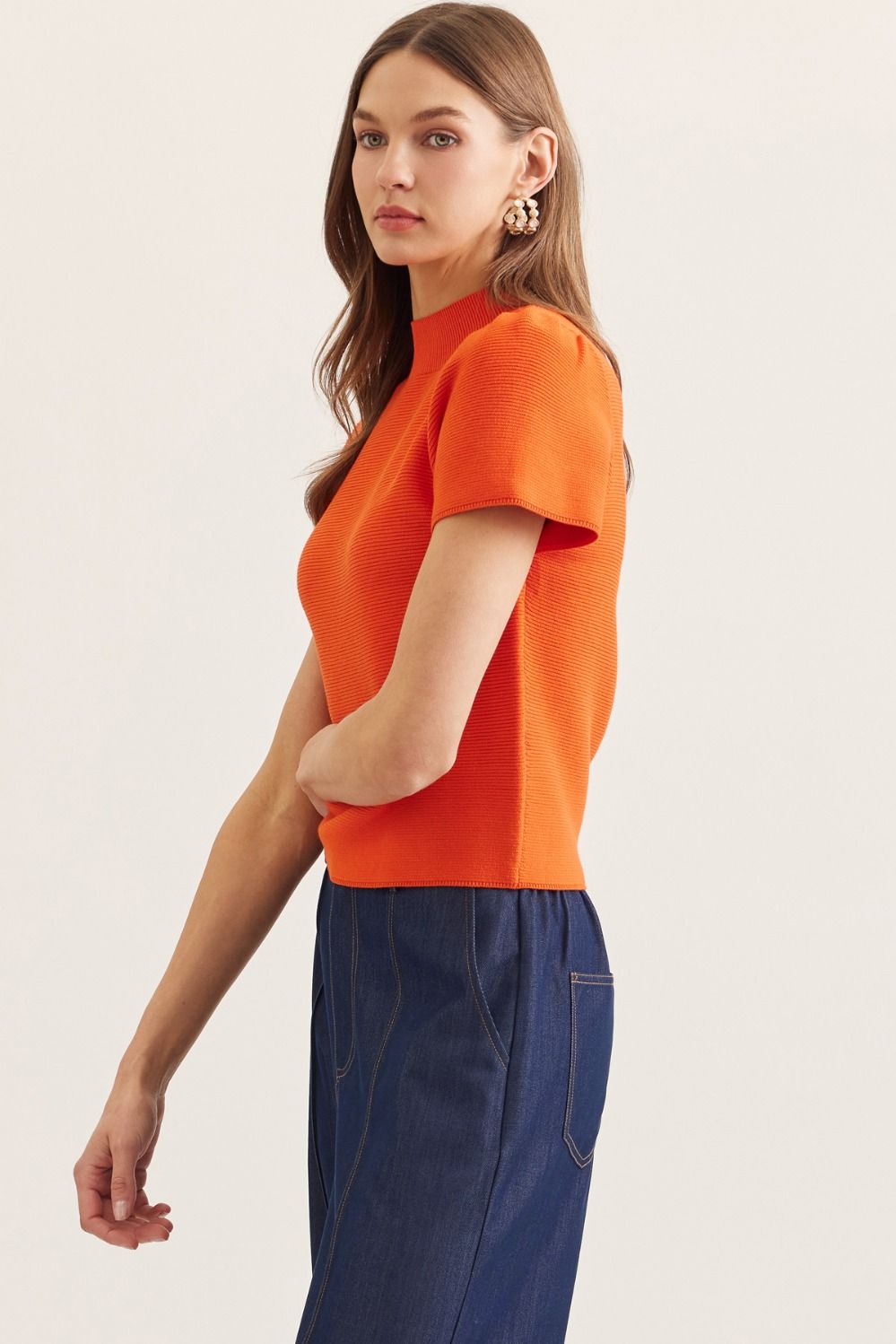 Solid Short Puff Sleeve Mock Neck Knit Top