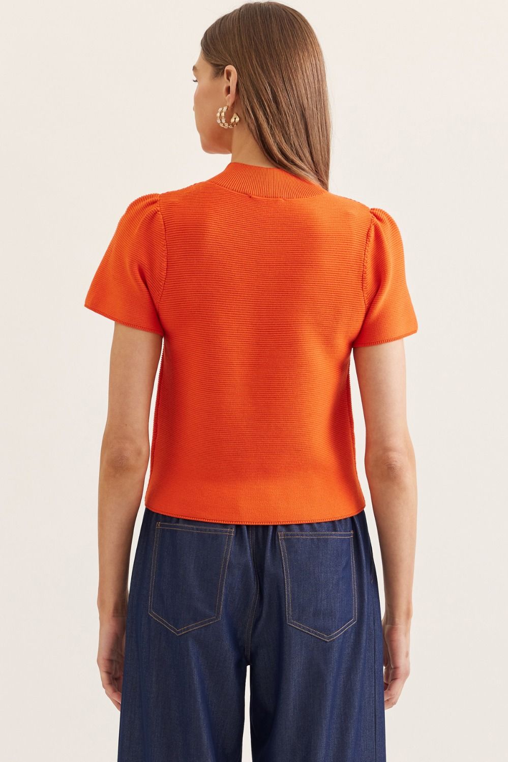 Solid Short Puff Sleeve Mock Neck Knit Top