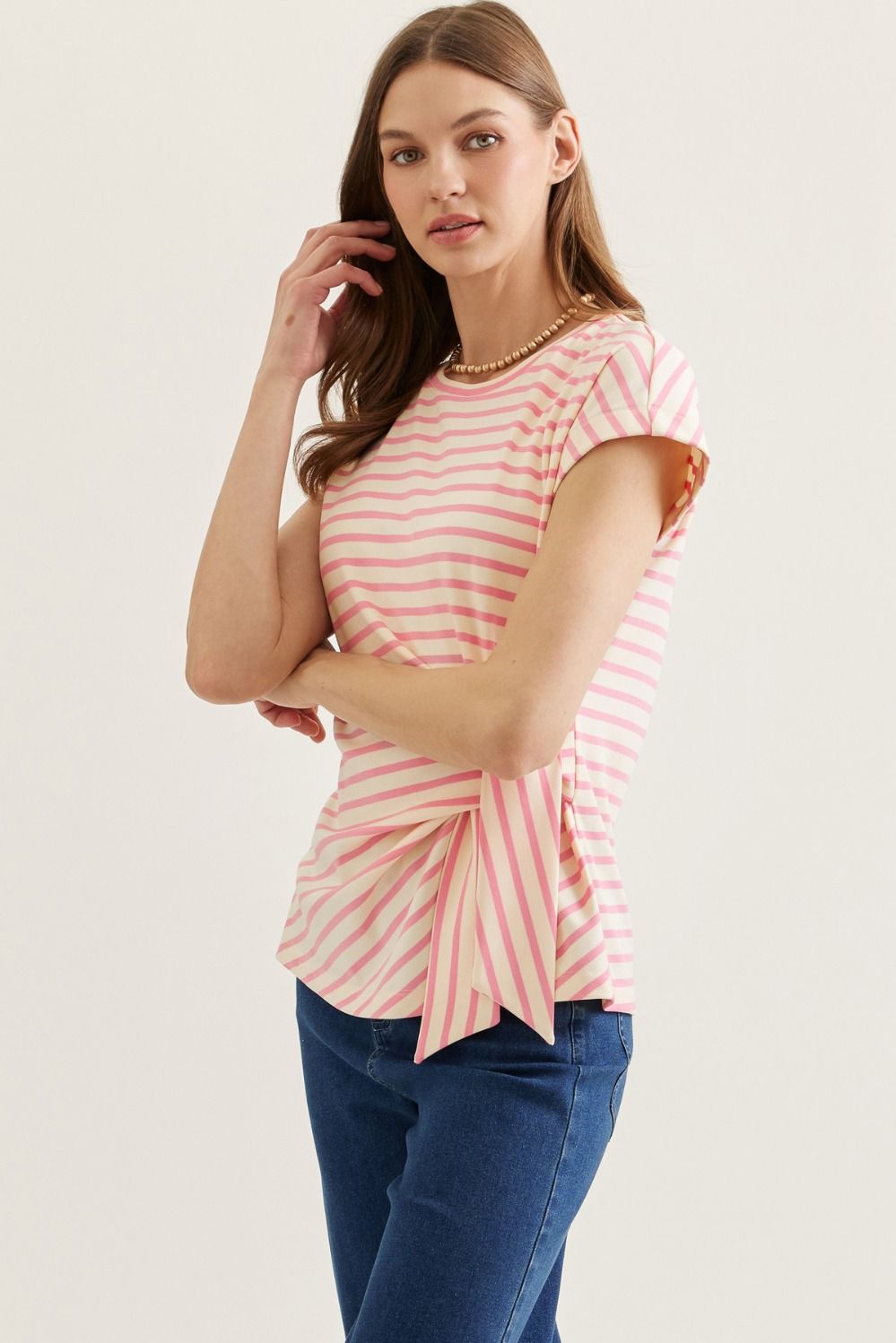 Pink/Cream Stripe Tie Top