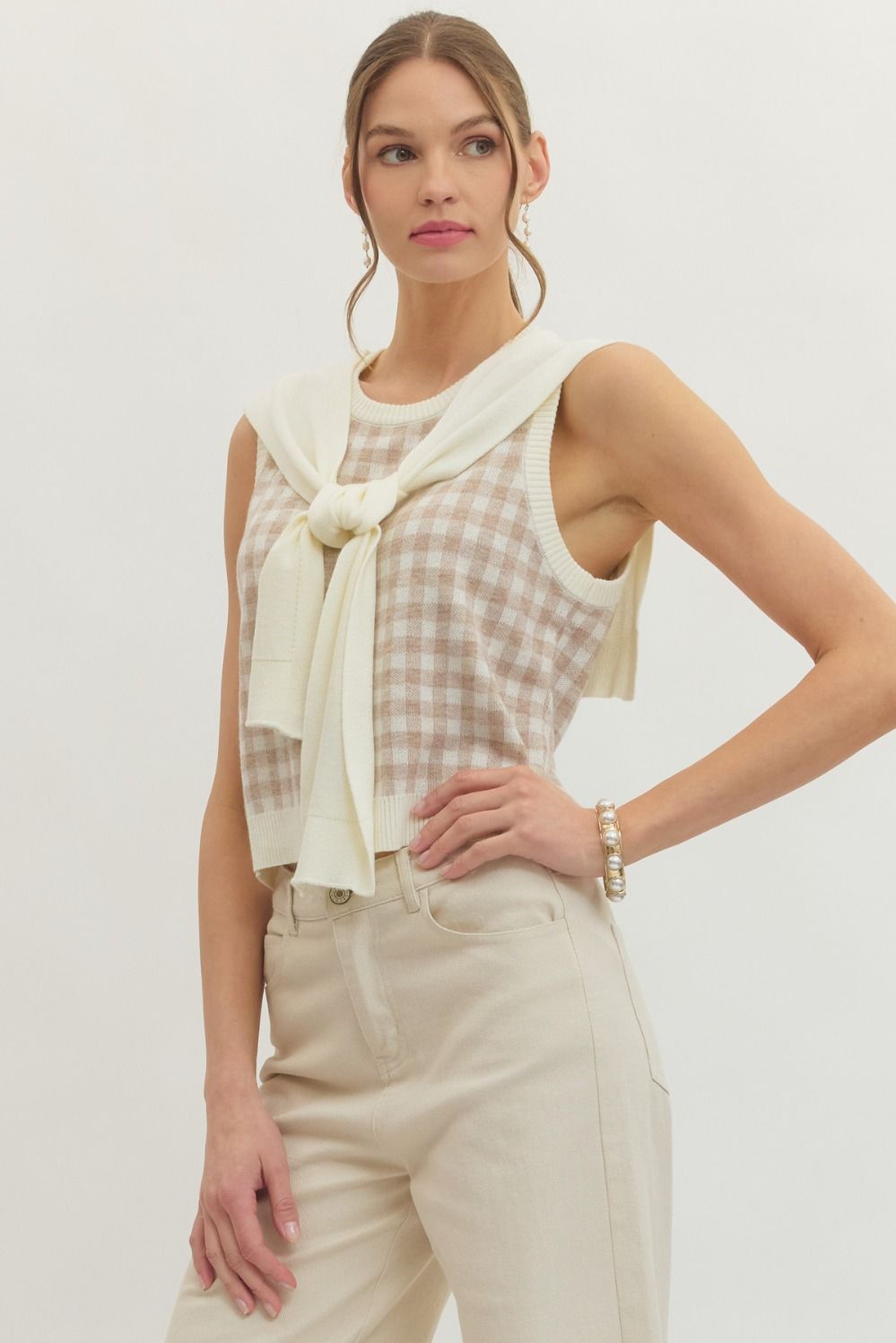 Gingham Sleeveless Sweater Knit Top w/ Attached Sweater