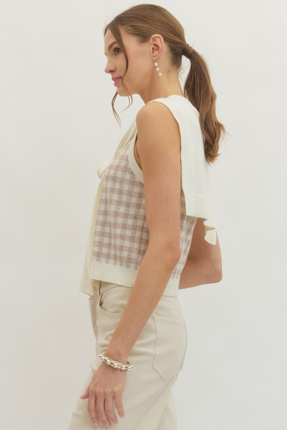 Gingham Sleeveless Sweater Knit Top w/ Attached Sweater
