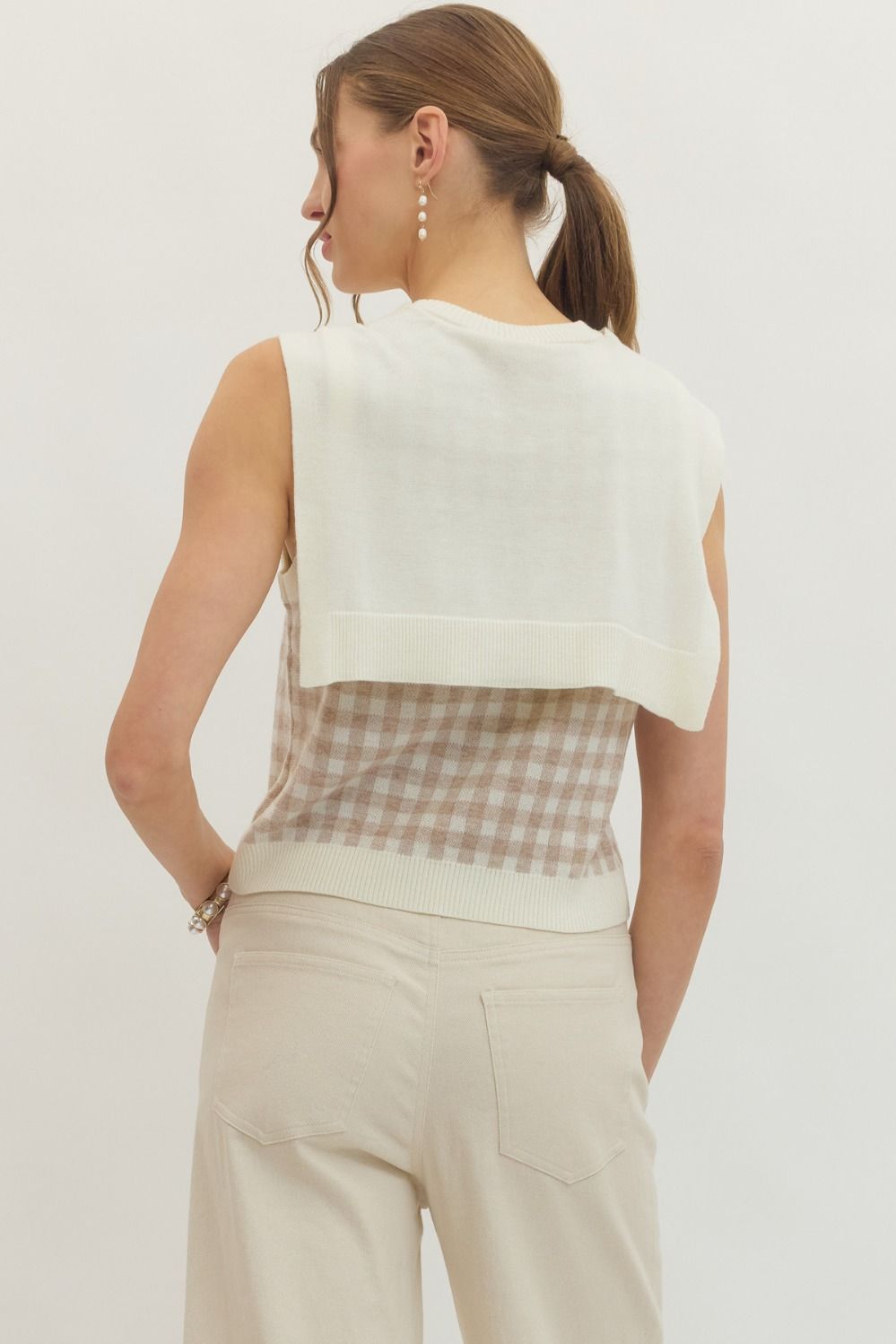 Gingham Sleeveless Sweater Knit Top w/ Attached Sweater