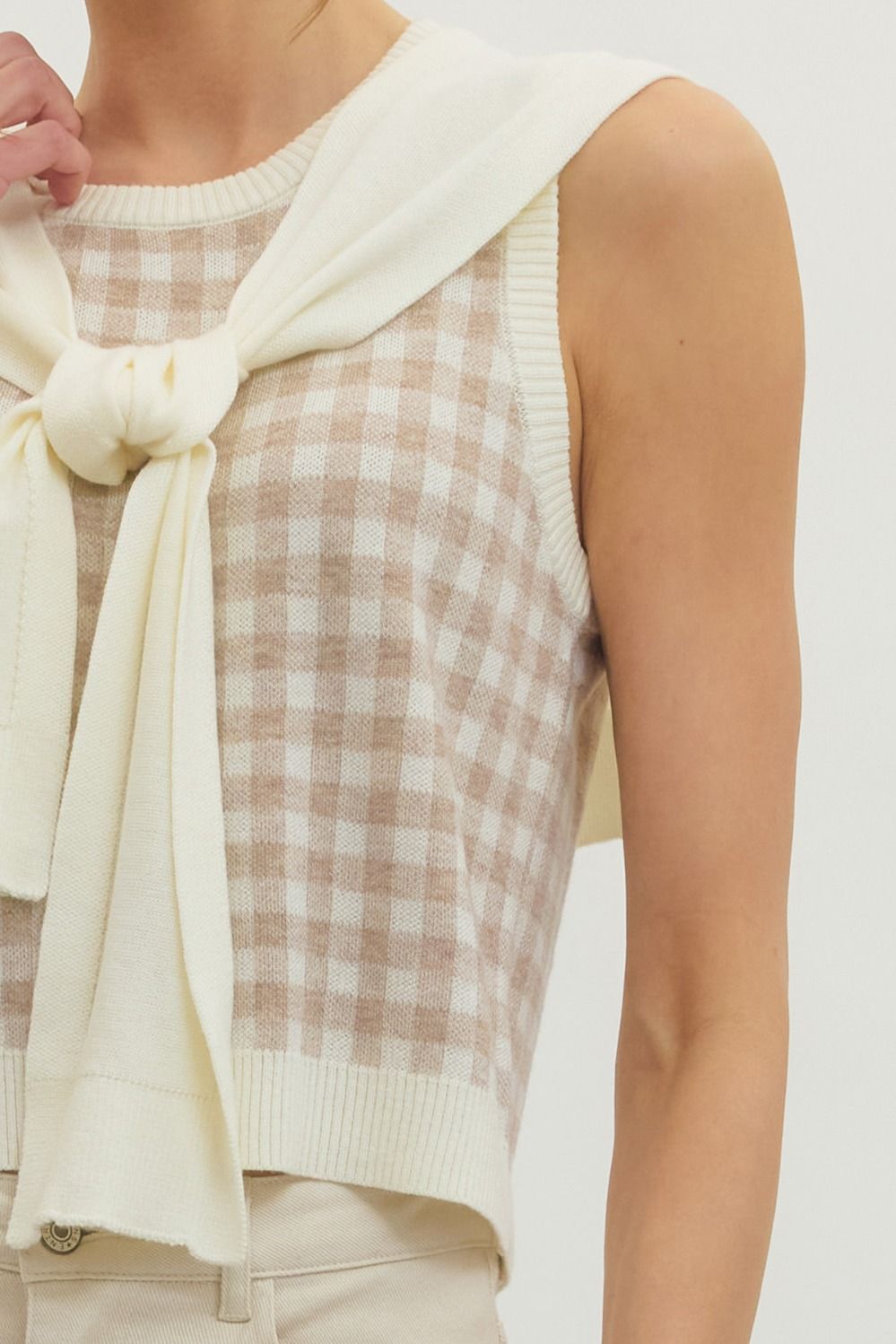 Gingham Sleeveless Sweater Knit Top w/ Attached Sweater