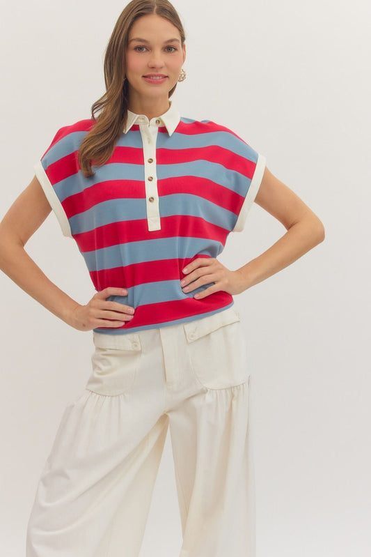 Stripe Cap Sleeve Top - Blue/Red