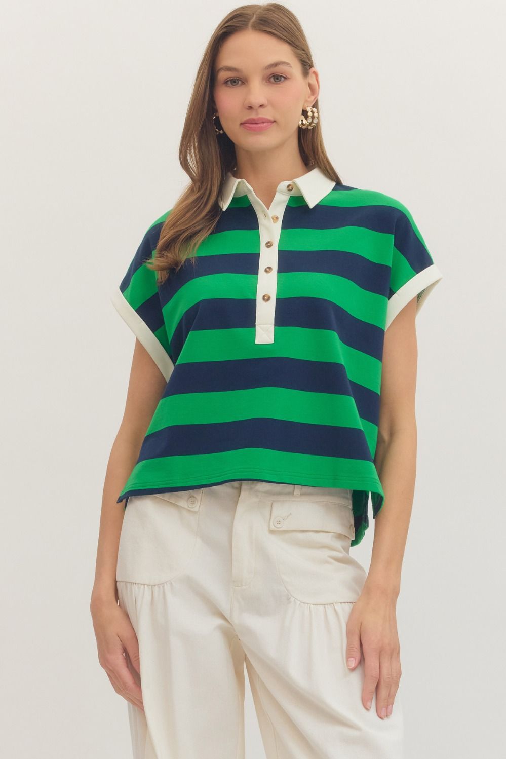 Stripe Cap Sleeve Top - Green/Navy
