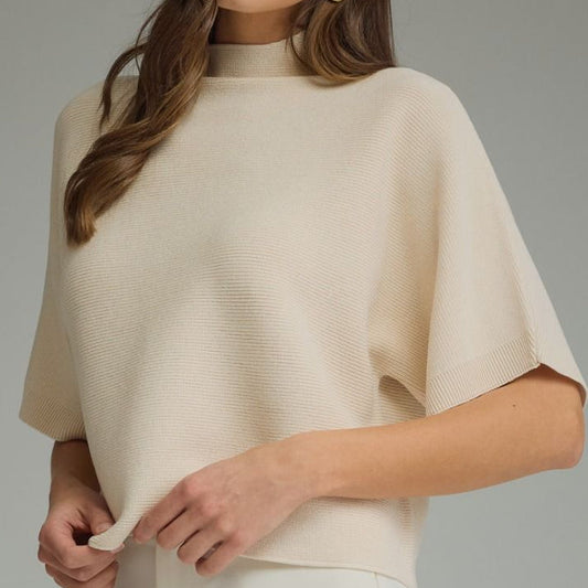 Solid Mock Neck Short Sleeve Sweater- Ecru