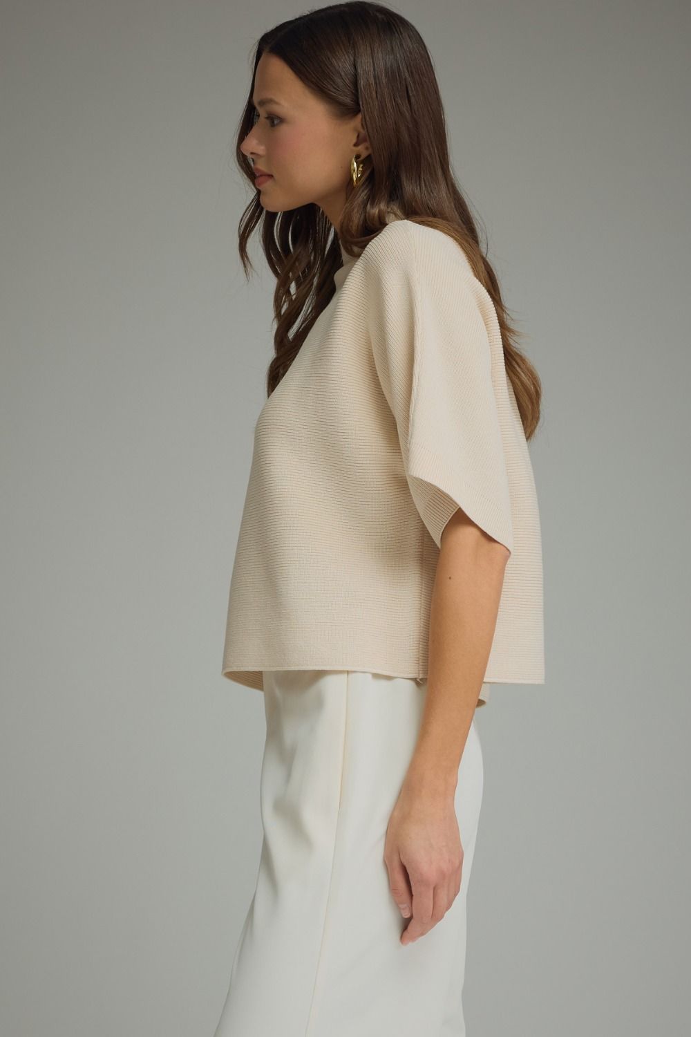 Solid Mock Neck Short Sleeve Sweater- Ecru