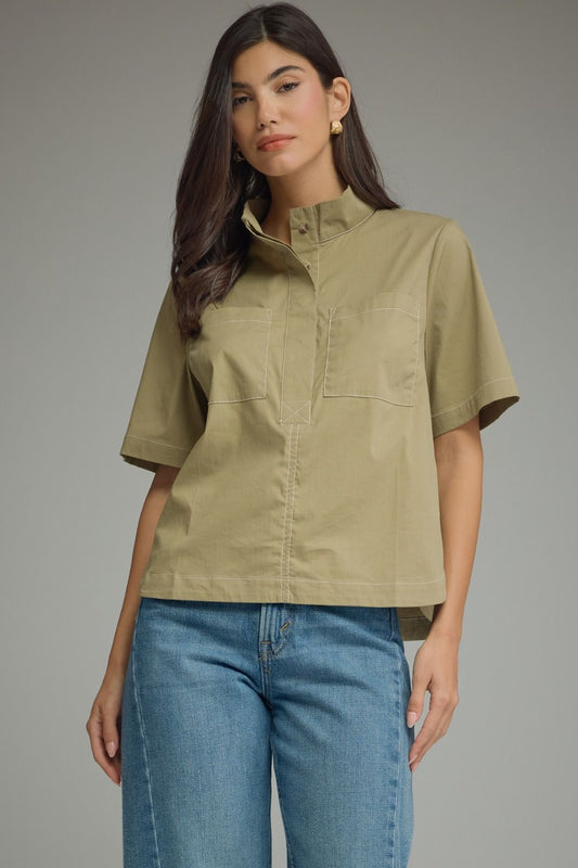 Solid Short Sleeve Stand Neck Top/Olive