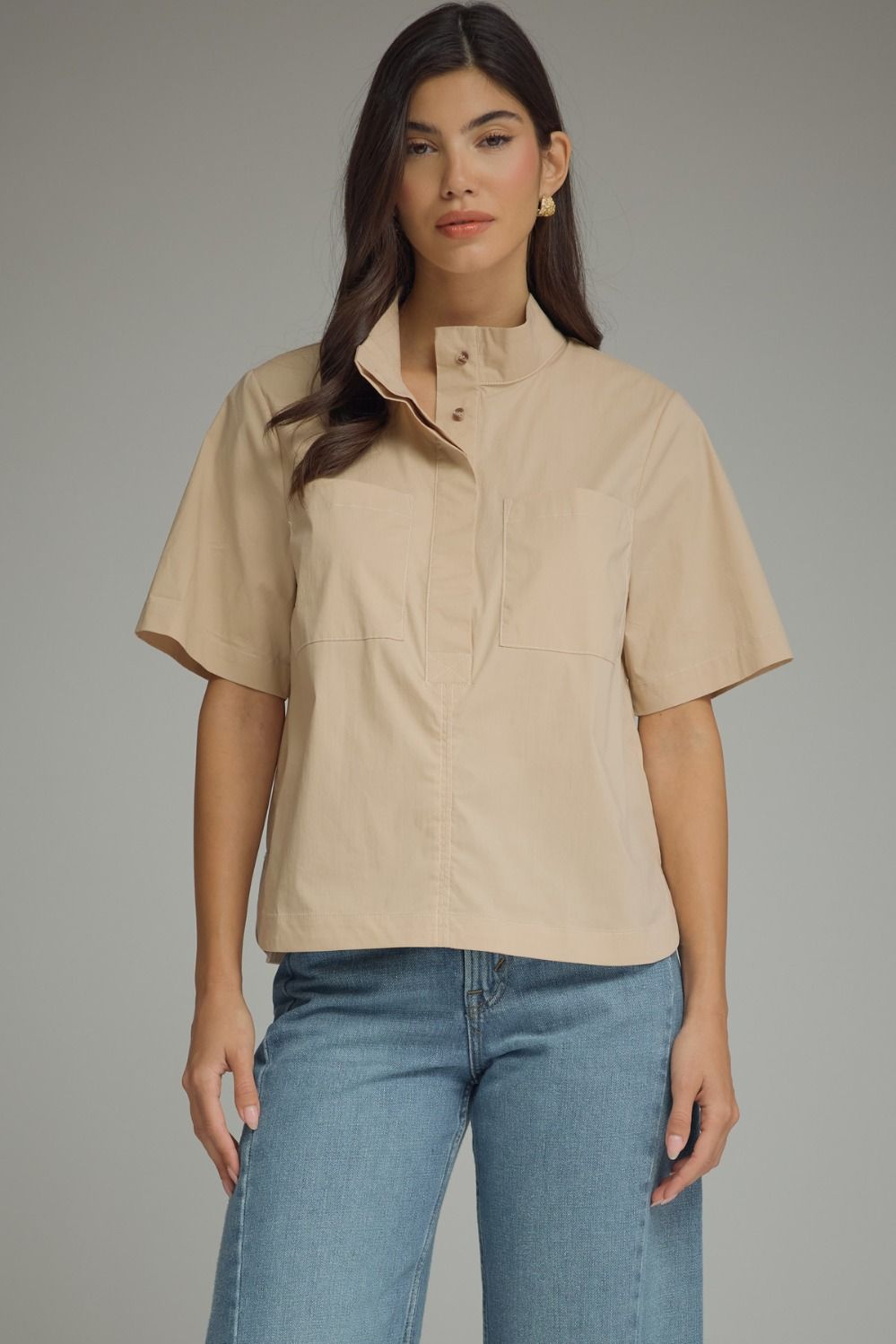 Solid Short Sleeve Stand Neck Top/Beige