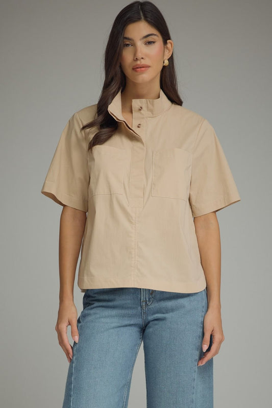 Solid Short Sleeve Stand Neck Top/Beige