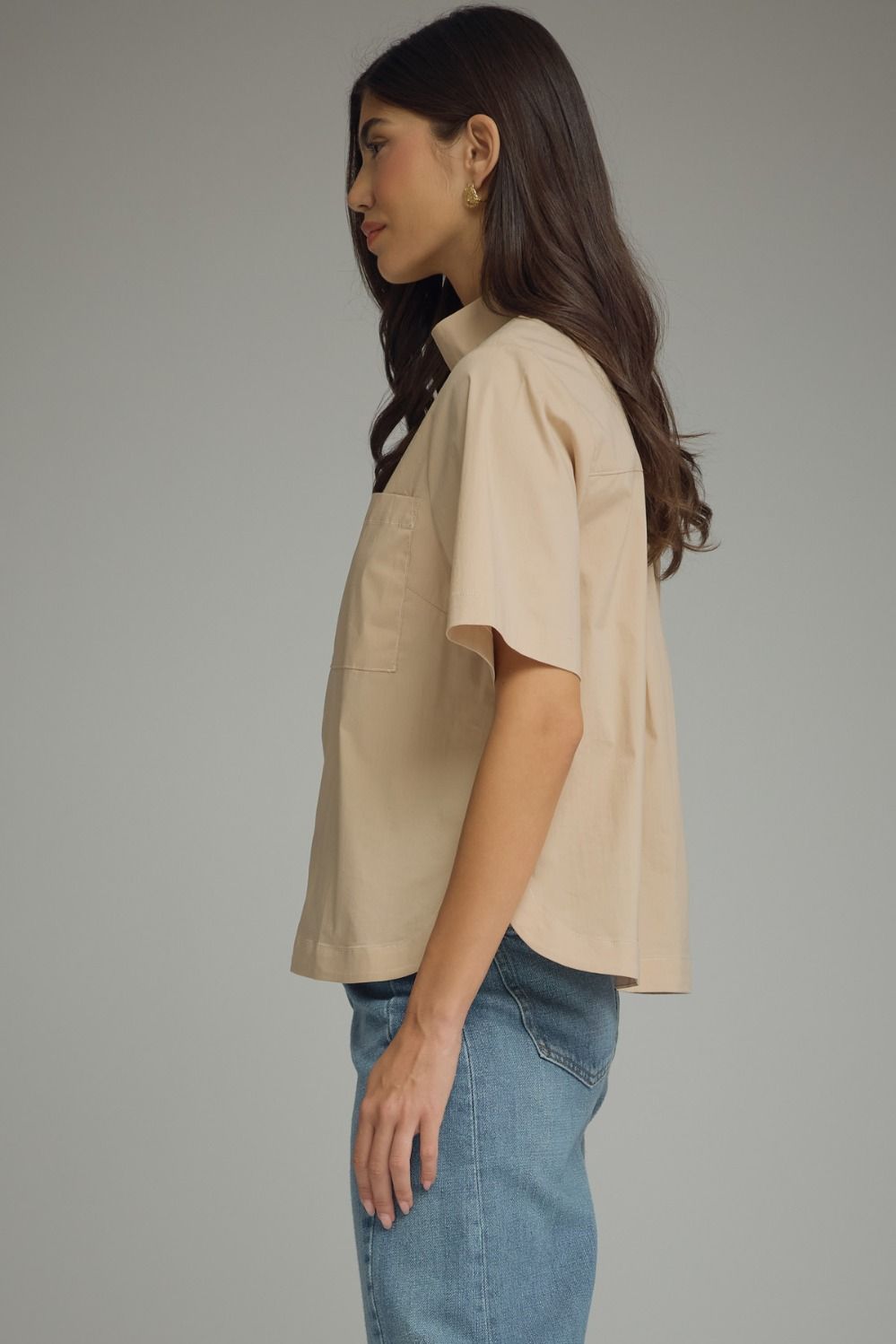 Solid Short Sleeve Stand Neck Top/Beige
