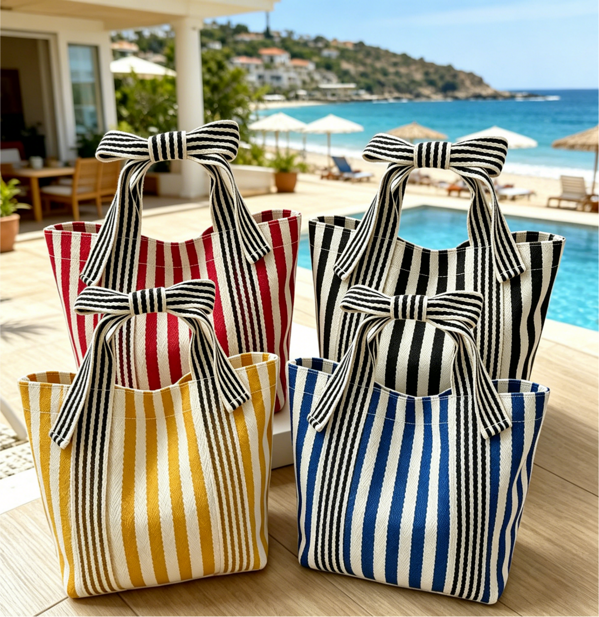 Canvas Striped Tote Bag Bow Handbag