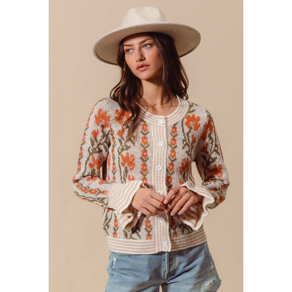 Floral Intarsia Button Up Sweater