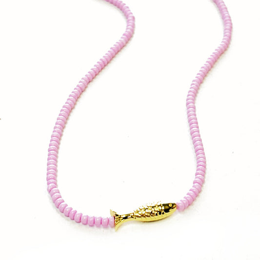 Lucky Fish Beaded Necklace: Pink