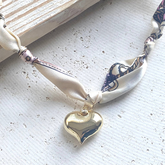 Scarf necklace:  Puffy heart with clear crystal accent gold