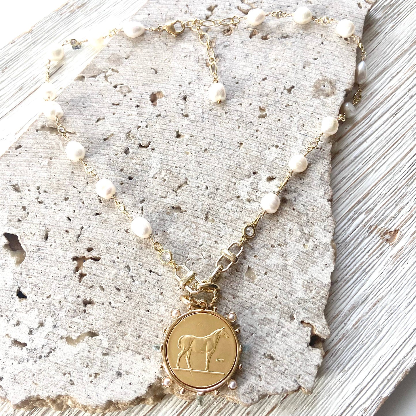 Equestrian Coin Pearl and Gold Necklace