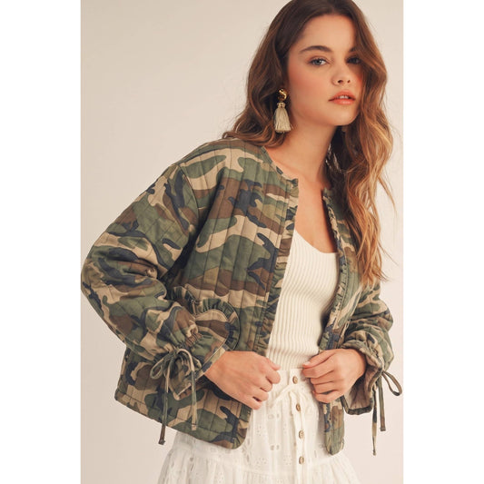 Camo Heart Pockets Ruffled Wrists Jacket: Camo