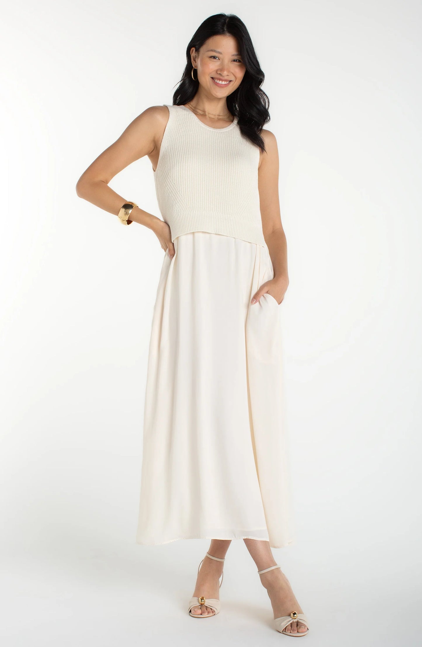 Woven Sleeveless Midi Dress Featuring a Sweater Bodice