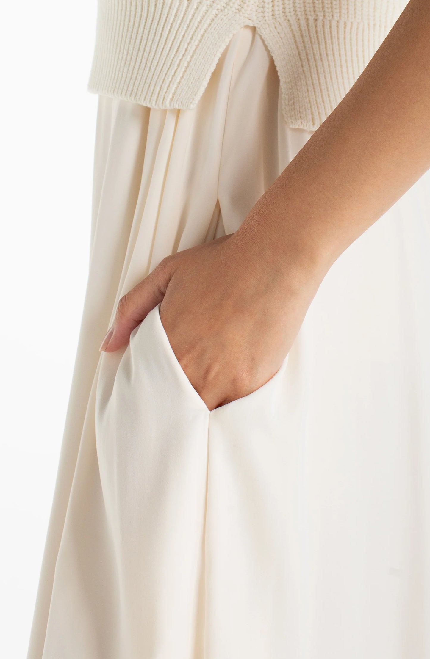 Woven Sleeveless Midi Dress Featuring a Sweater Bodice