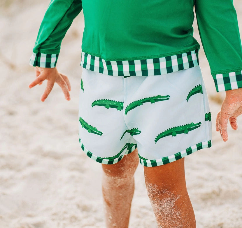 Alligator on Blue Swim Trunks