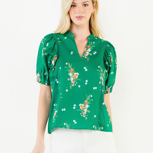 Floral Print Puff Sleeve V-Neck Top