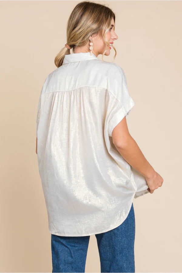 Metallic Collard Button Up- Pearl