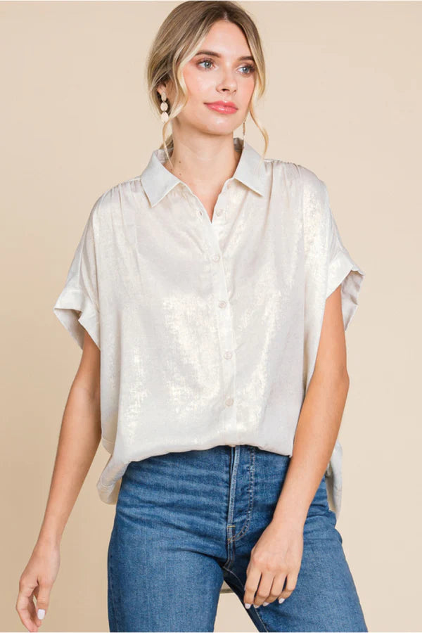 Metallic Collard Button Up- Pearl