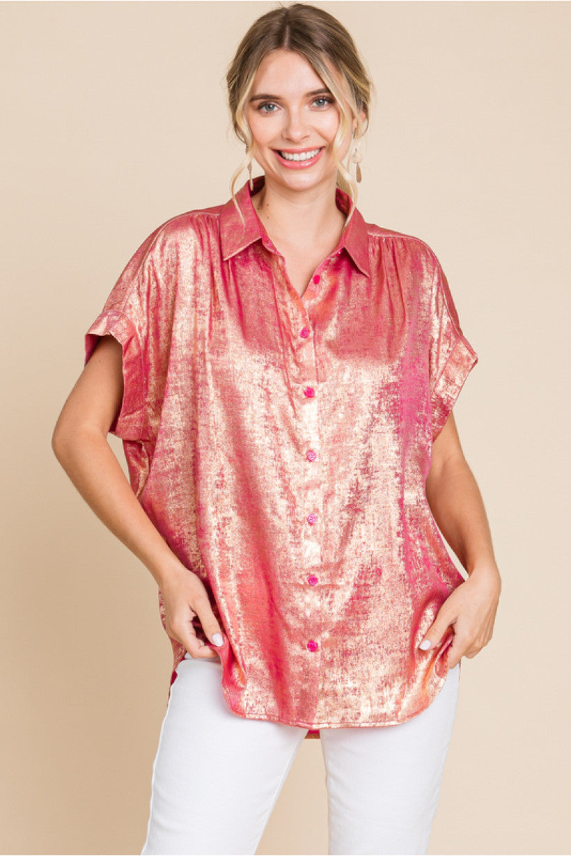 Metallic Collard Button Up- Fuchsia