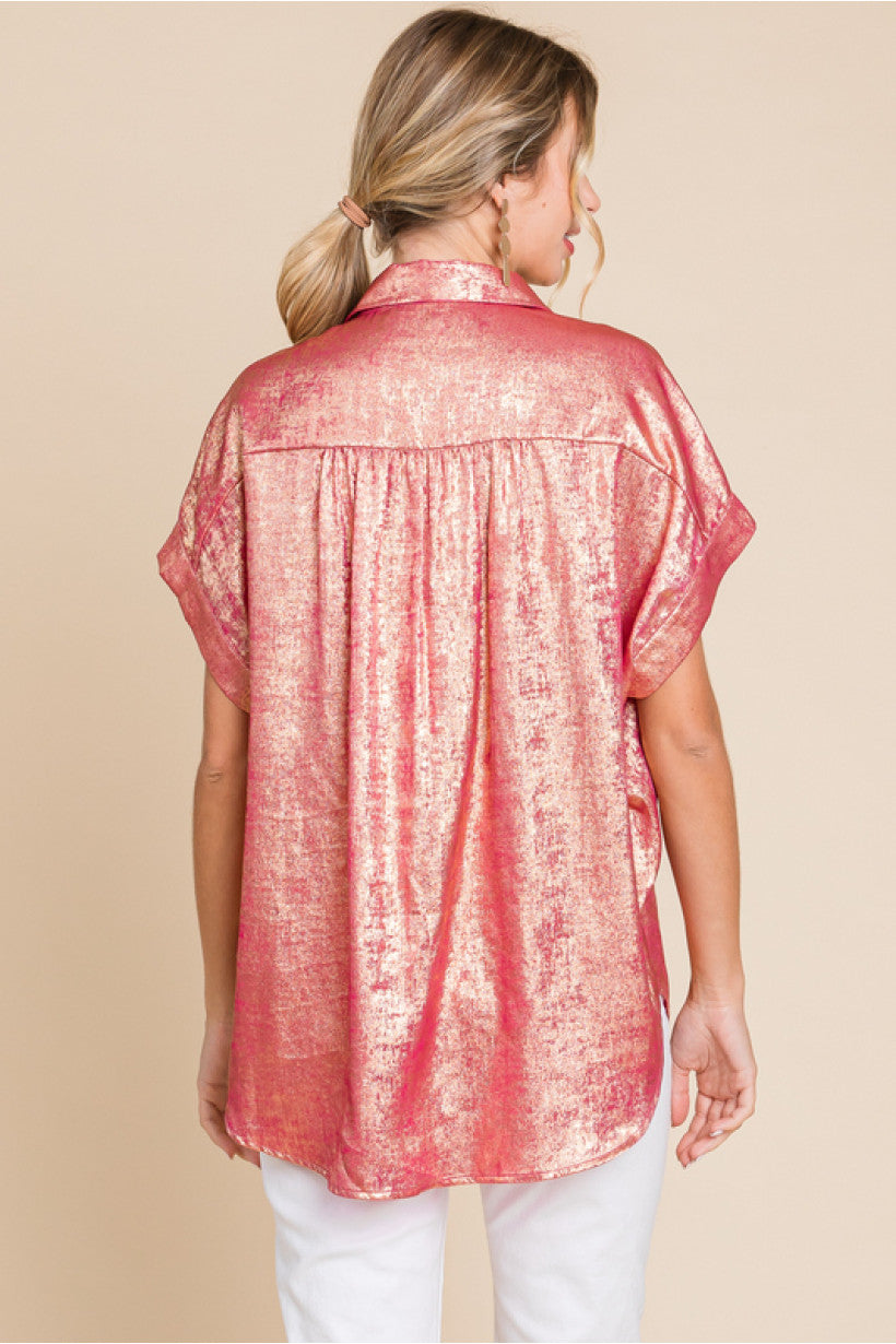 Metallic Collard Button Up- Fuchsia