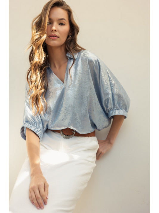 Metallic Top with Dolman Sleeves Blue