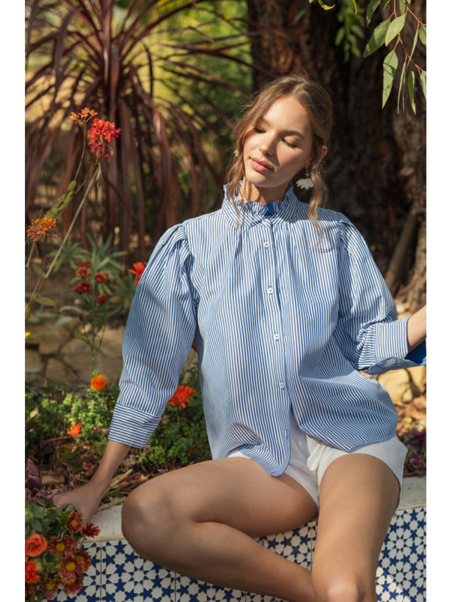 Striped Top with Stand Up Collar