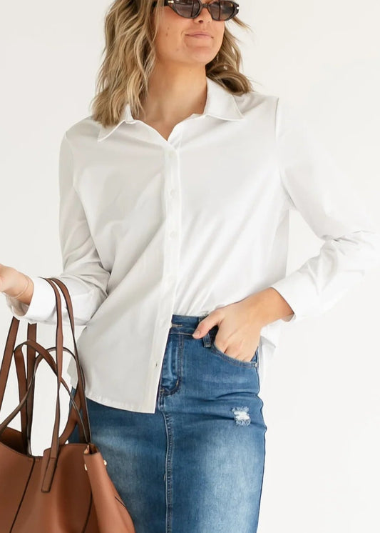 Long Sleeve Button Front Knit Shirt White