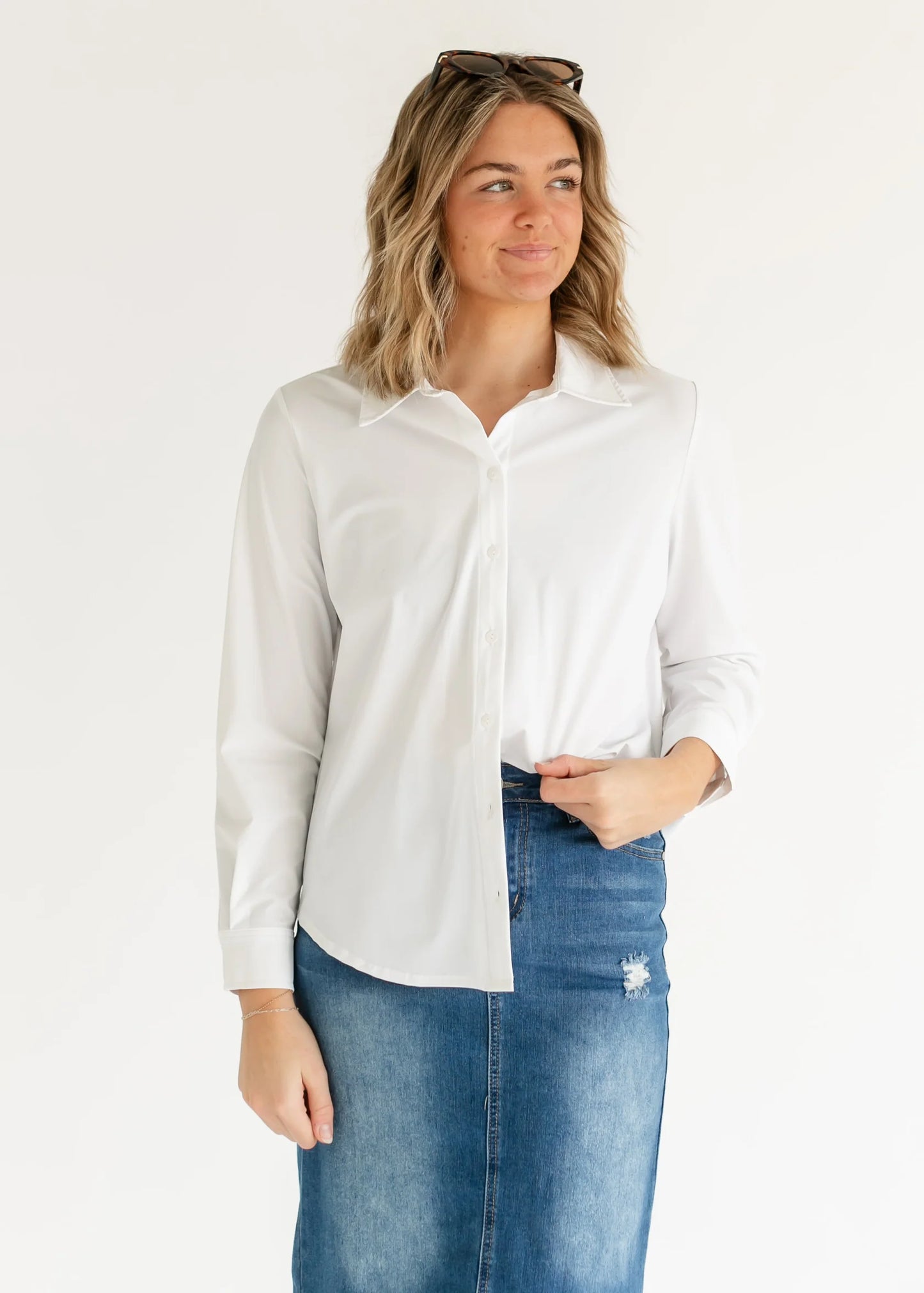 Long Sleeve Button Front Knit Shirt White