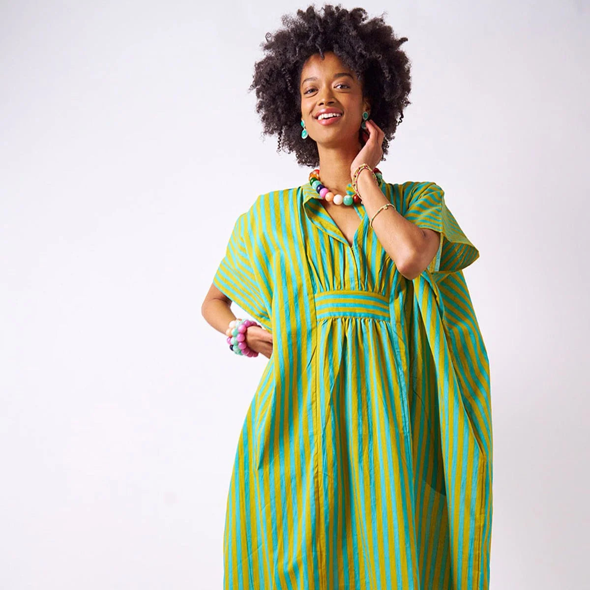 Margot Stripe Kaftan Aqua + Chartreuse -  Internal Drawstring Fits Most