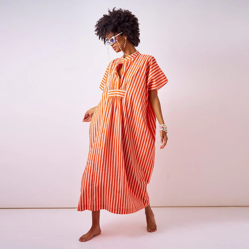 Margot Stripe Kaftan Coral + Blush -  Internal Drawstring Fits Most