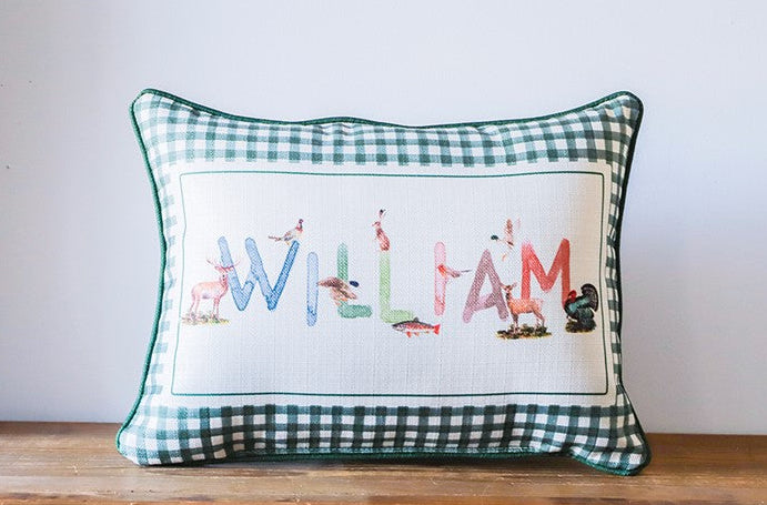 Gingham Wildlife Boy Name Pillow (personalized)