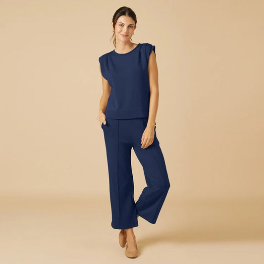 DreamTech Pleated Shoulder Tank with Cropped Pant- Midnight