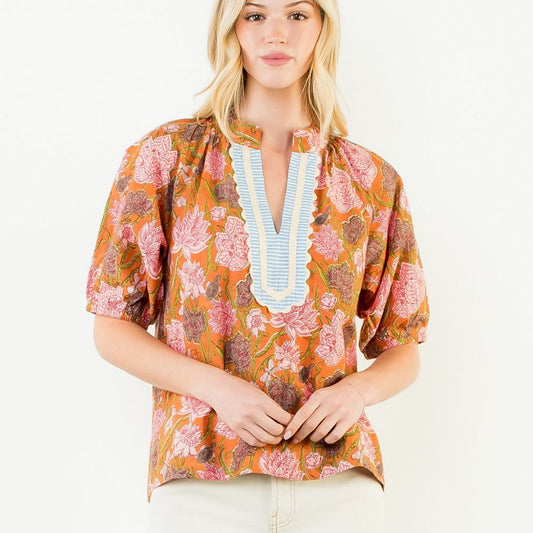 Short Sleeve Floral Pattern V-Neck Top