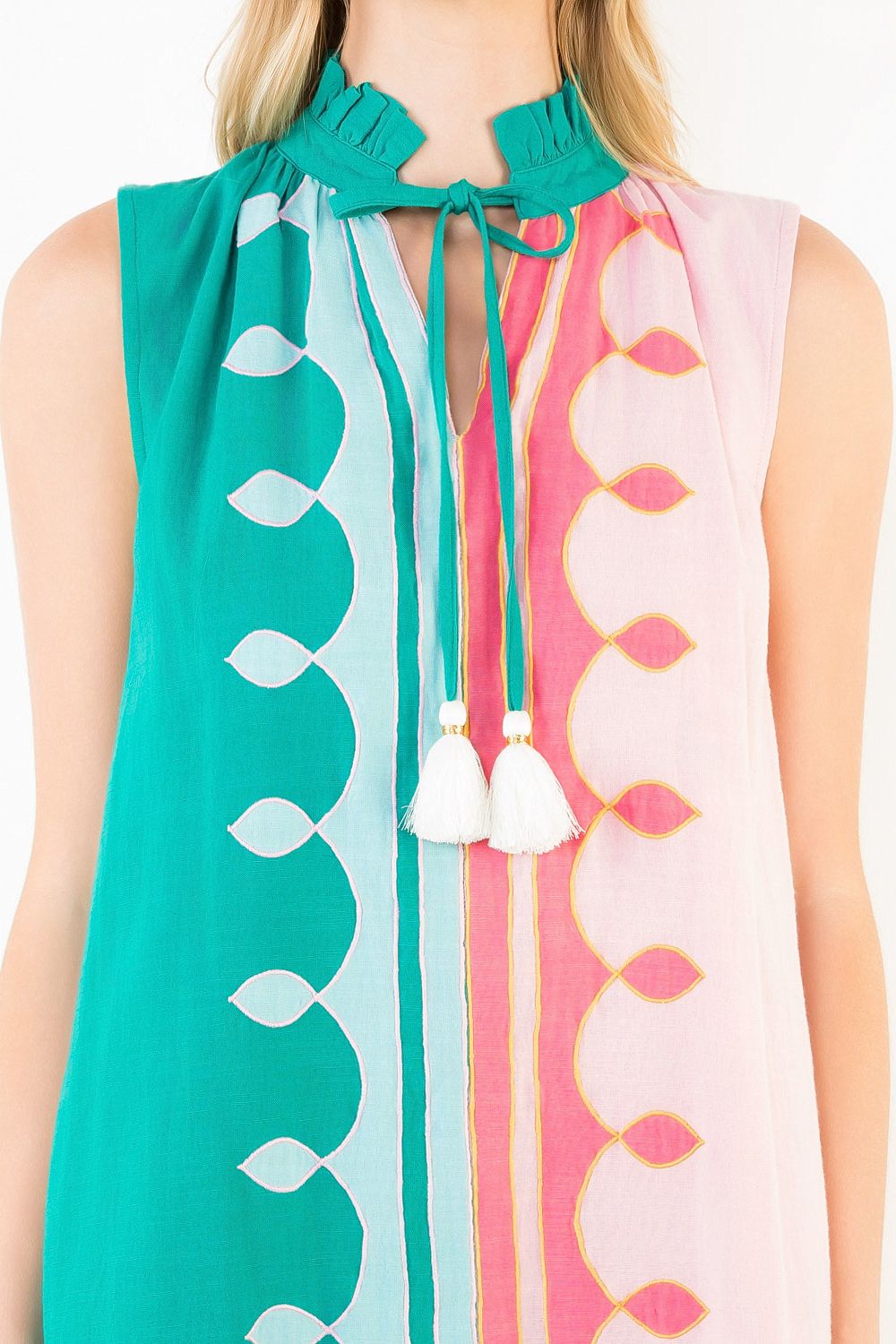 Ruffle Neck Tassel Colorblock Dress