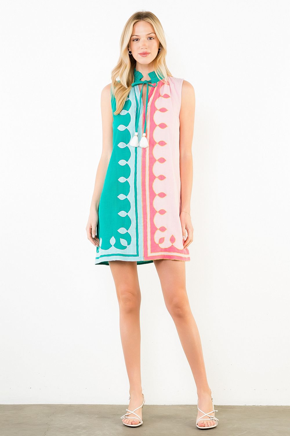 Ruffle Neck Tassel Colorblock Dress