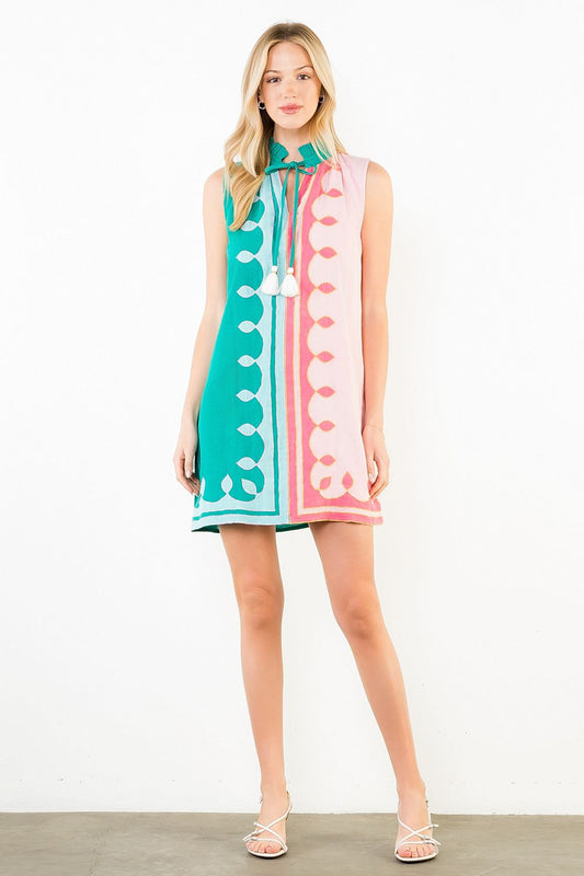 Ruffle Neck Tassel Colorblock Dress