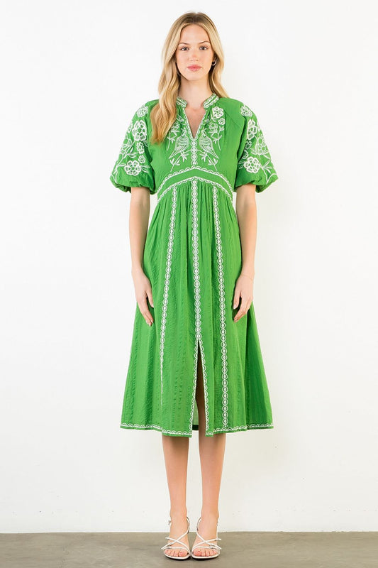 Puff Sleeve Embroidered Dress - Green