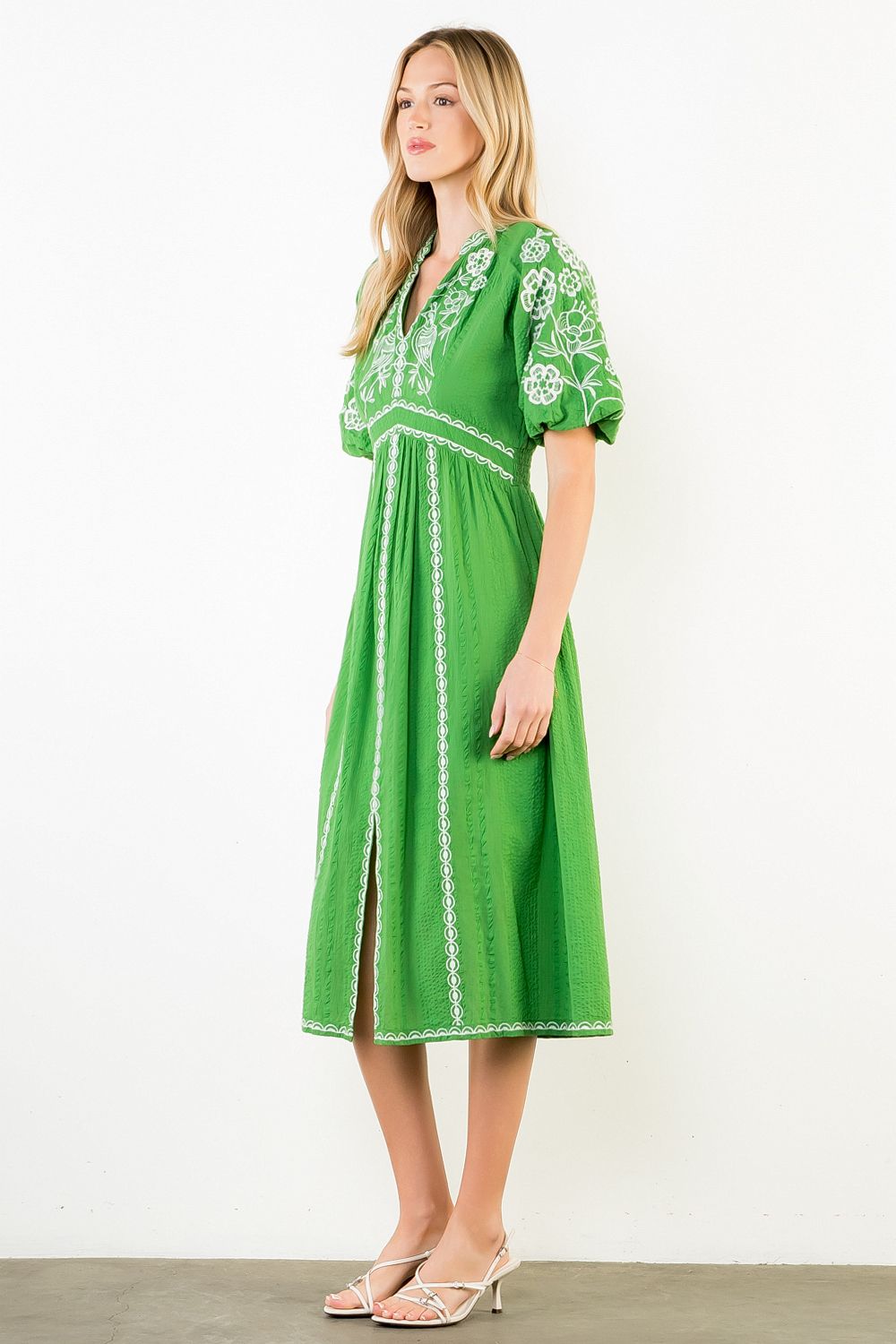 Puff Sleeve Embroidered Dress - Green