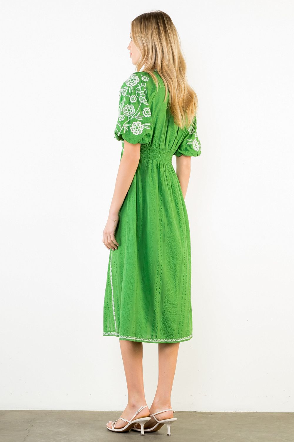Puff Sleeve Embroidered Dress - Green