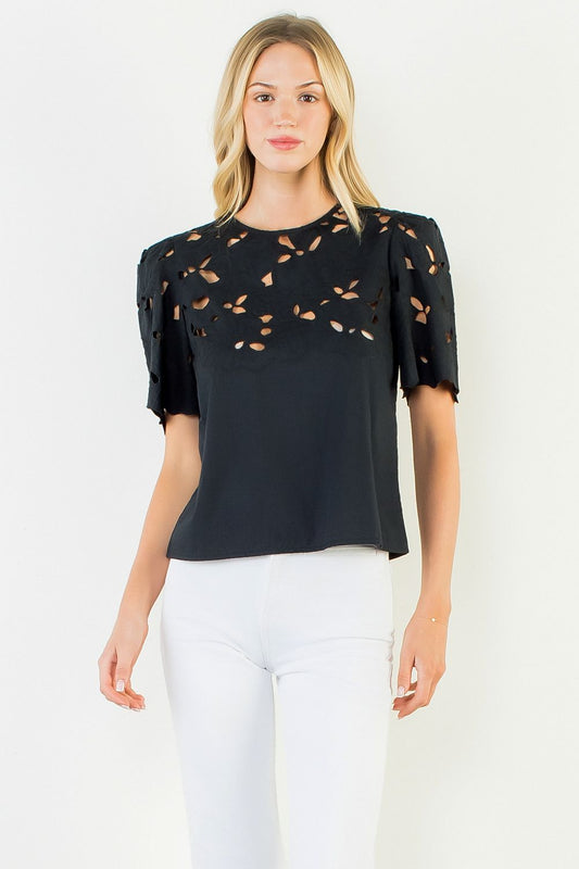 Short Sleeve Eyelet Top/Black