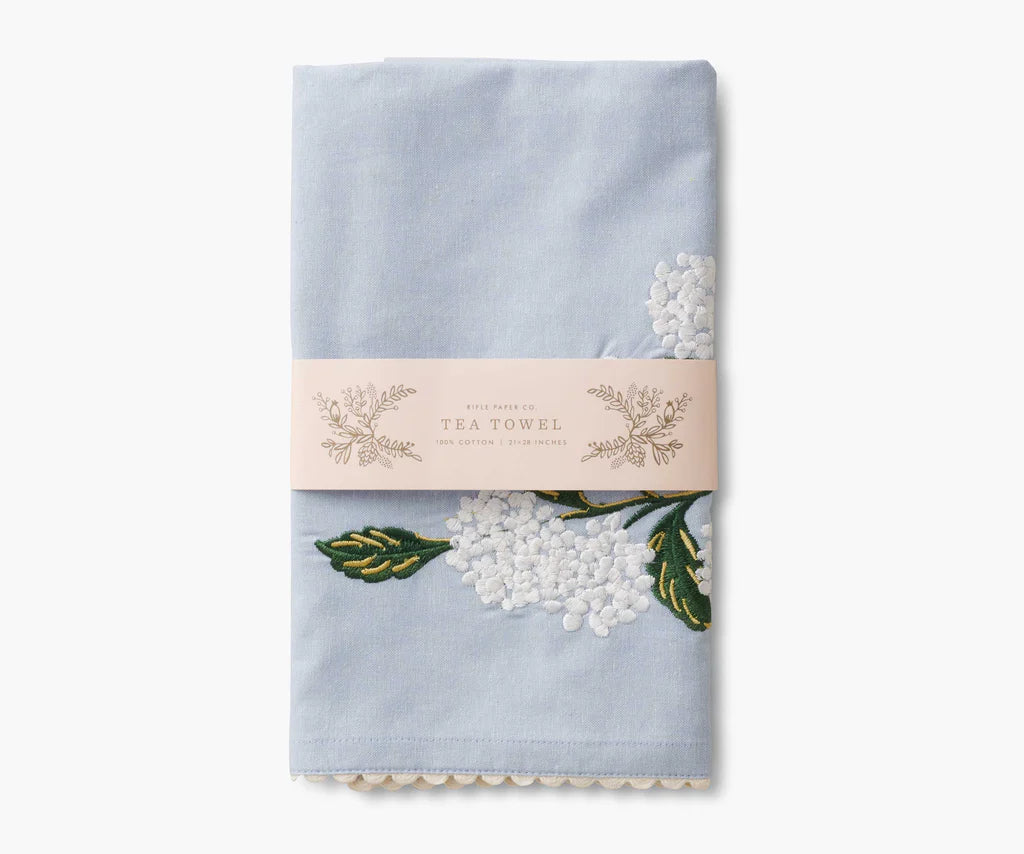 Rifle Paper Hydrangea Embroidered Tea Towel