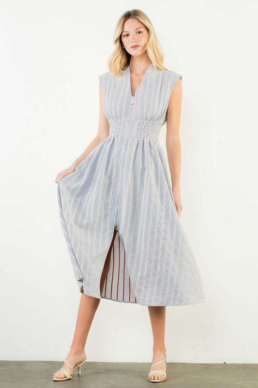 Sleeveless Striped Pattern V-Neck Dress